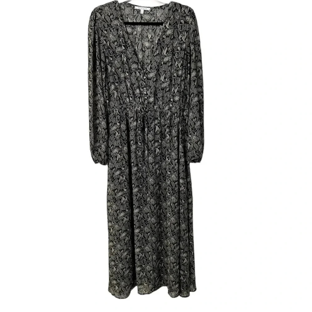Senlis Women's Long Sleeve V-Neck Black & White Paisley Maxi Dress Size L GUC